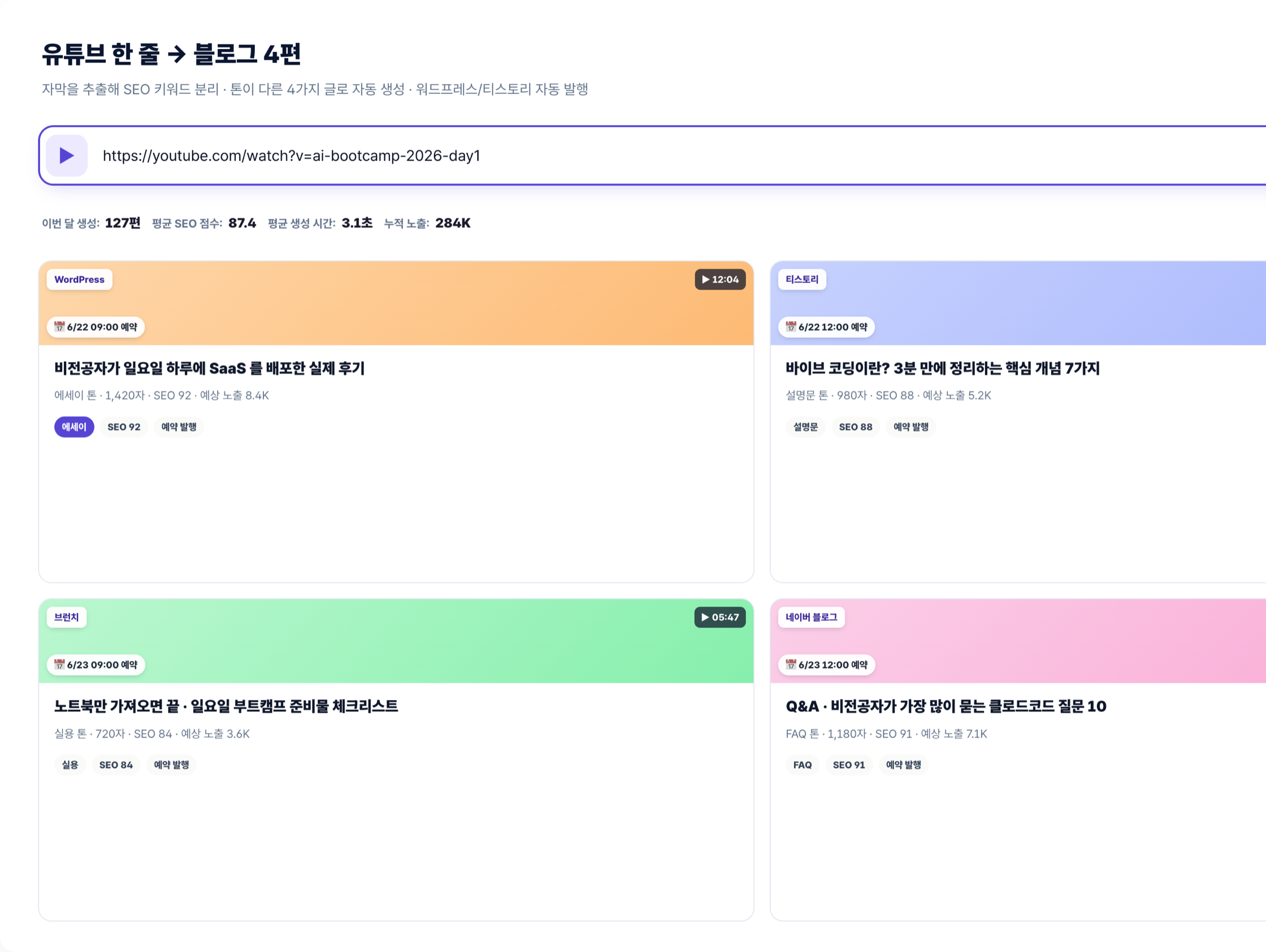 유튜브 영상 한 줄 → 블로그 4편 화면 mockup